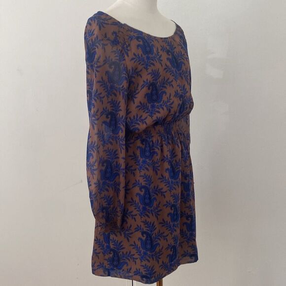 Madewell Broadway & Broome Blue and Brown Silk Paisley Mini Dress Size 6 - Picture 5 of 14